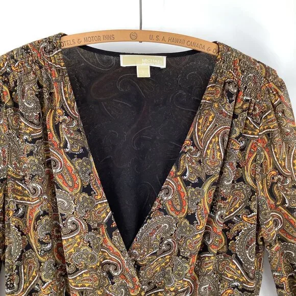 Michael Kors Mini Dress Size Large Black & Multicolor Paisley Sheer Long Sleeve - Picture 3 of 4